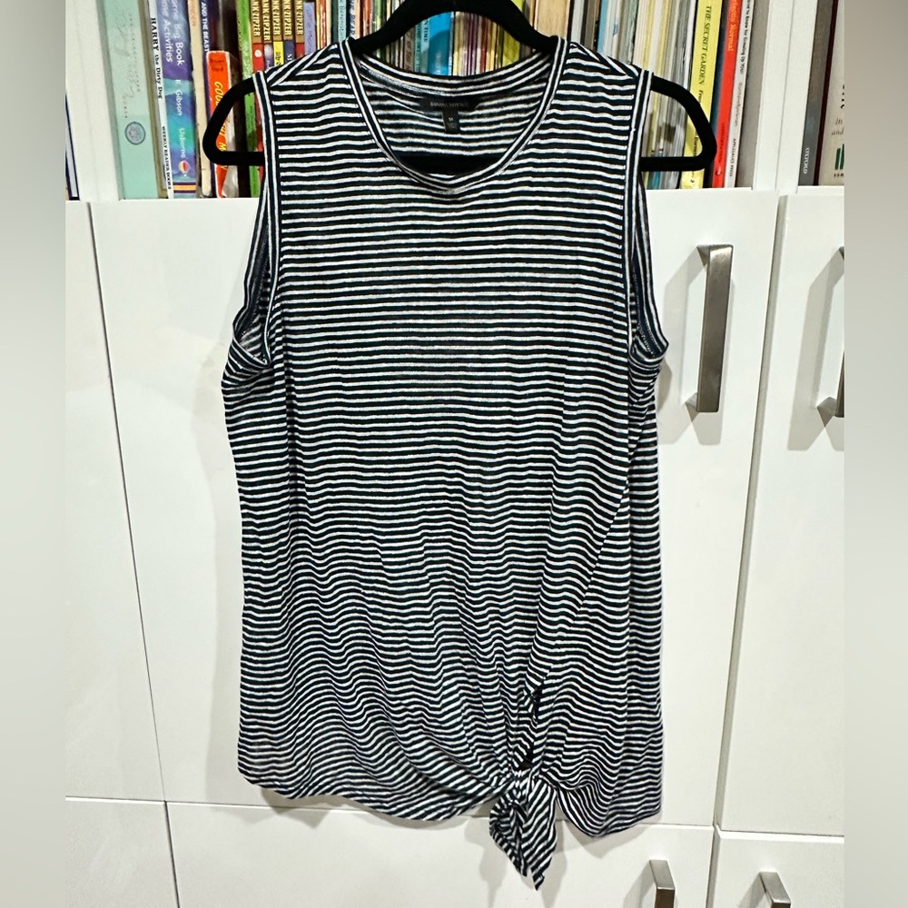 Banana Republic Navy & White Striped 100% Linen Blend Tie-Hem Tank Summer Beach
